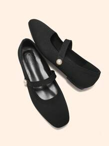 CUCCOO BASICS Fashionable Fabric Comfortable Breathable Faux Pearl Decor Mary Jane Flat Shoes For Commute, Date, Party, And Casual Wear For Christmas Spring Shoes - Black - View 4