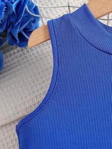 SHEIN 2pcs/Set Girls' Vacation Summer Beach Top With Cap Sleeves & Elastic Waist Wide Leg Pants Set, Suitable For Travelling & Holiday, Summer - Blue - View 3