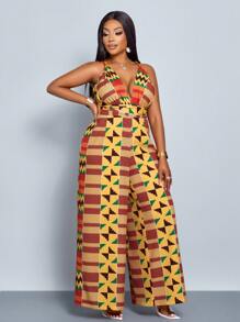 SOLERSUN Tuta estiva elegante da donna taglie forti con stampa digitale geometrica e fiori casuali, con collo a legaccio, pantaloni a gamba ampia dritta, ideale per vacanze
