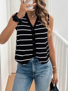 SHEIN Frenchy 女士 V 领单排扣休闲条纹针织背心 - 黑色 - 查看 5