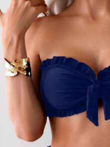 Swim Basics Women's Summer Beach Solid Color Ruffle Trim Bandeau Bikini Set With Front Knot, Two Pieces Swimwear Black Bathing Suits - Navy Blue - View 5