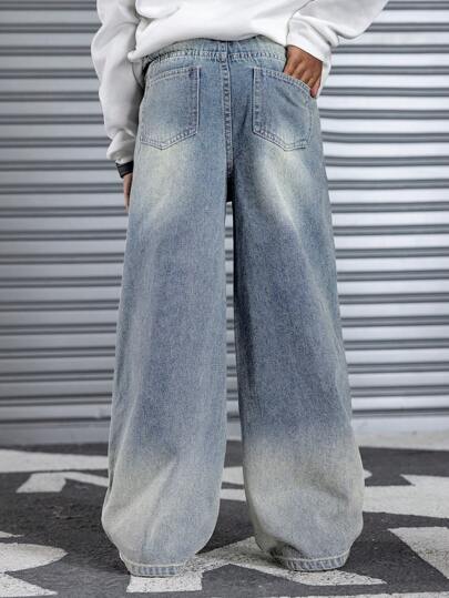 SHEIN Tween Boy Fashion Casual Vintage Blue Comfortable Base Baggy Wide-Leg Jeans, Cool/Boys Thanksgiving Summer And Spring Jeans