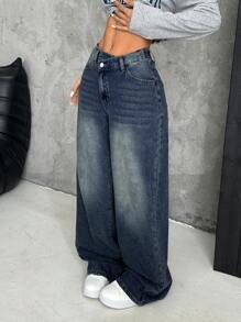 SHEIN PETITE Women's Thick Denim Wide Leg Pants, Loose Fit Flared Jeans, Blue - Dark Wash - View 6