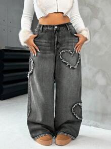 SHEIN ICON Quần Jeans Ống Thẳng In Hình Trái Tim Cỡ Lớn Màu Xanh - màu đen - Xem 1