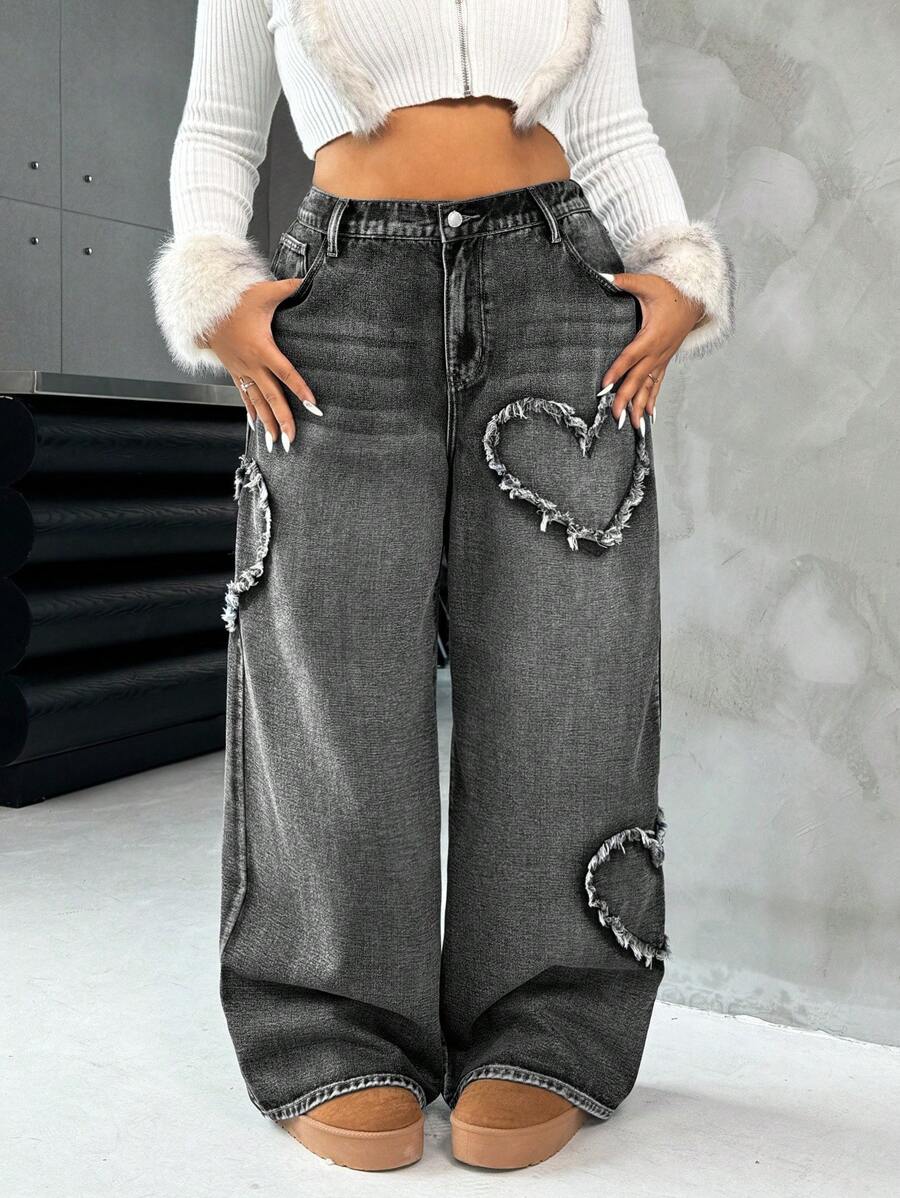 SHEIN ICON Quần Jeans Ống Thẳng In Hình Trái Tim Cỡ Lớn Màu Xanh - màu đen - Xem 1