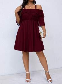 EMERY ROSE Plus Size Women Solid Color Ruffle Elegant Ruffle Hem Dress - Burgundy - View 4