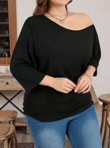 SHEIN Essnce Plus Size Women's Spring And Summer Fashion Casual Loose Comfortable Daily Versatile Slim Black Off-Shoulder Three-Quarter Sleeve T-Shirt,Old Money Style Women,Summer Outfits For Women,Curve Tops - Black - View 3