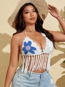 SHEIN Swim Curve Plus Size Women's Handmade Crochet Floral Tie-Up Fringed Cover Up Coverup, Casual Vacation Wear