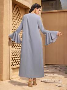 Al Najma Turkish & Arabic Traditional Embroidered Trumpet Sleeve Long Robe With Sash Kaftan Jalabiya Dress - Blue - View 3