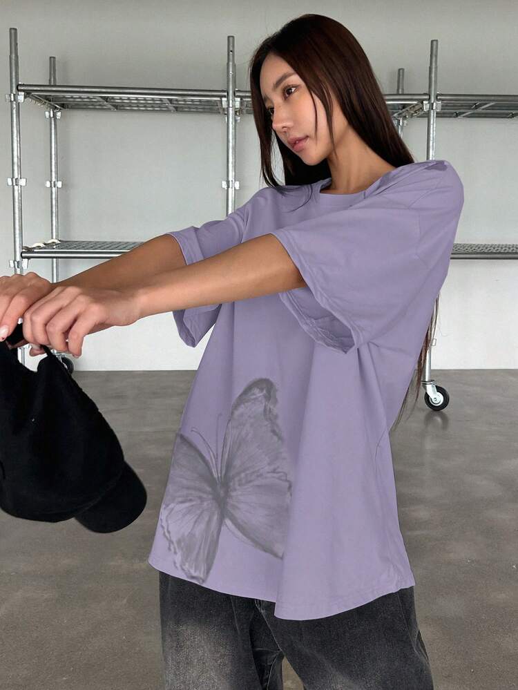 Butterfly Print Loose Casual Fashion Women T-Shirt Y2k Graphic Tee Oversized T-Shirt Preppy Tops