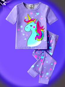 2 Stücke Loungewear-Set mit Jumpsuit für Kleine Mädchen mit Einhorn-Lichtmuster, kurzärmlig, hellrosa