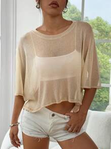 SHEIN EZwear Camiseta corta de manga murciélago de malla transparente de color liso