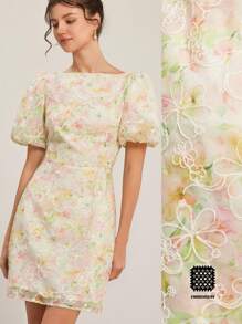 Aveloria Rosie Colorful Tie Dye Jacquard Special Fabric Vintage Romantic Elegant Wedding Season Puff Sleeve Floral Bodycon Mini Dress For Women All Over Print For Summer