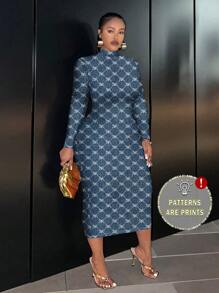 Slaydiva Casual Minimalist Bow Plaid Denim Effect Fitted Long Sleeve Round Neck Dress, Plus Size