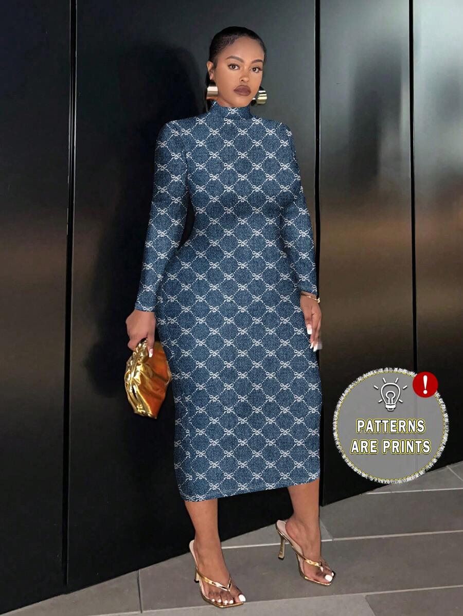 Slaydiva Casual Minimalist Bow Plaid Denim Effect Fitted Long Sleeve Round Neck Dress, Plus Size