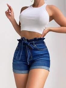 SHEIN Frenchy 紙袋腰反摺褲腳腰帶牛仔短褲 - 深色水洗藍 - 查看 4