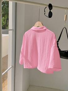 Comfortcana 玫瑰粉色编织女士单排扣休闲短款衬衫 - 粉色 - 查看 2