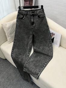 SHEIN Teen Boy Casual Fashion Snow Texture Loose Straight Leg Jeans For Teen Boy Clothes Boys Soft Dailywear And Teen Boy Summer And Spring Clothes - Black - View 1