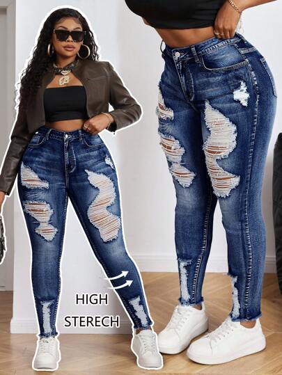 Slaydiva Jeans azules de talla grande, de estilo casual, skinny, elásticos y rotos