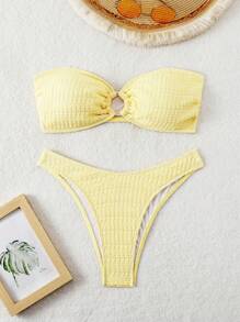 Swim Mod Women Summer Beach Solid Color Bandeau Circular Connected Sexy Bikini Swimwear Set - Mustard Yellow - View 3
