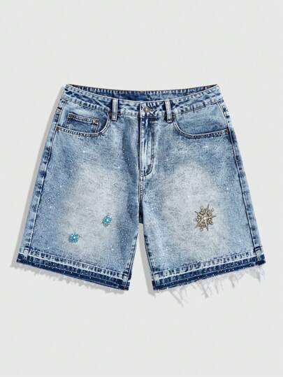 Street Life Men's Avant Loose Casual Denim Shorts With Diamond Embellished Pockets