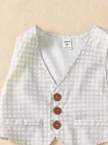 SHEIN 2pcs/Set Toddler Boys' Summer Blue Plaid Button Decor Fake Pocket Vest And Plaid Shorts, Casual Outfit
