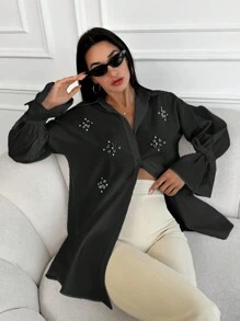 Cotton Pearls Beaded Knot Cuff Drop Shoulder Shirt