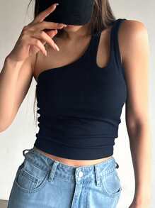 DAZY Áo crop top hở vai gợi cảm bất đối xứng hở vai gợi cảm mùa hè dành cho nữ, áo crop top đi chơi cho nữ - Màu xanh hải quân - Xem 2