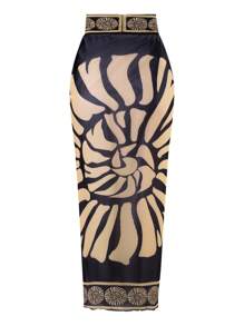 Swim Oasis 2pcs/Set Women 2025 New Black Special Material Swimsuit With Mesh Printed Beach Cover Up Skirt, Summer Casual Swimwear Sets