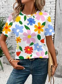 Casual Spring Floral Vacation Style Artistic Colorblock Flower Graphic Loose Fit Round Neck Short Sleeve T-Shirt, Plus Size, Suitable For Summer - White - View 4