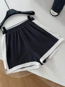 EMERY ROSE 2pcs/Set Summer Women Contrast Trim Round Neck Short Sleeve T-Shirt And Shorts - Black - View 3