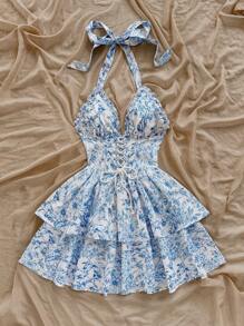 Soleia Women's Vacation A-Line Blue Floral Layered Ruffle Camisole Romantic Dress For Valentine's Day - Blue and White - View 4