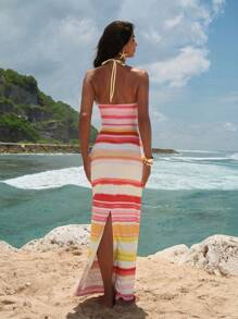 Opulessa 女士性感露背 V 领无袖金属装饰带腰部镂空开衩紧身针织连衣裙，适合度假、海滩派对、约会穿着 - 彩色 - 查看 8