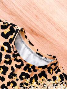 2 Stücke/Set Kontrast farbiges Leoparden Muster T-Shirt mit kurzen Ärmeln & Shorts Set für Teenager Mädchen