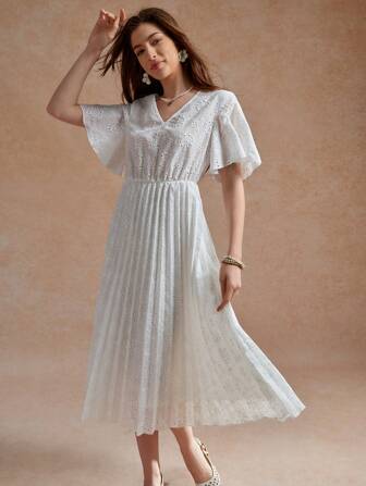 Écloséra 女士 V 领荷叶边短袖刺绣长裙，优雅