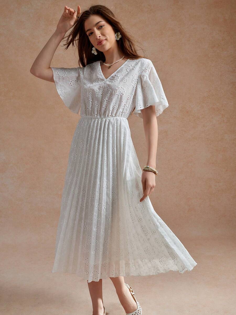 Écloséra Women's V-Neck Ruffle Short Sleeve Embroidered Long Dress, Elegant