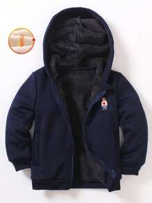 SHEIN 小男孩针织压花柔软保暖内衬熊心刺绣休闲保暖棉服 - 藏蓝色 - 查看 1