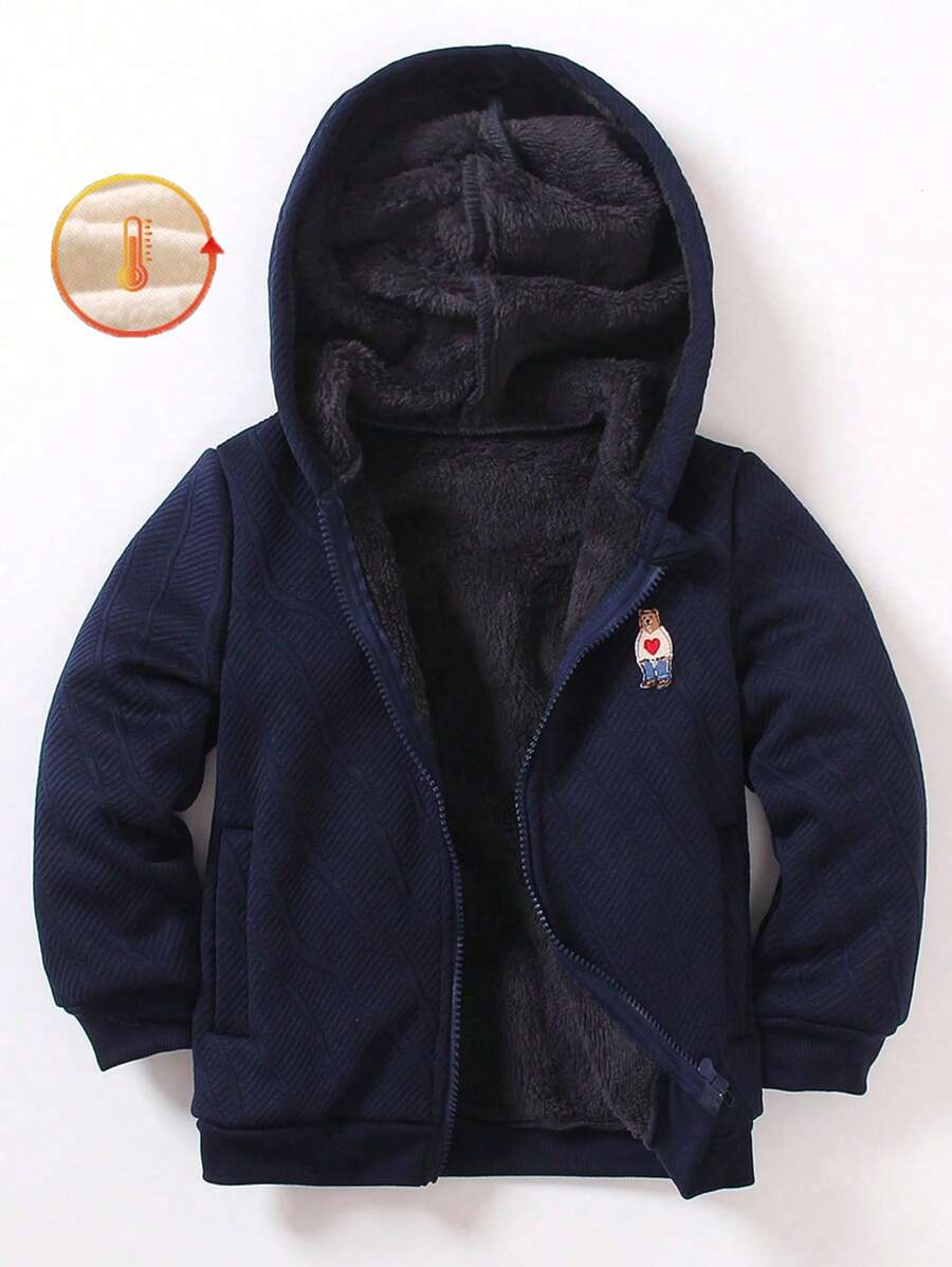 SHEIN 小男孩针织压花柔软保暖内衬熊心刺绣休闲保暖棉服 - 藏蓝色 - 查看 1