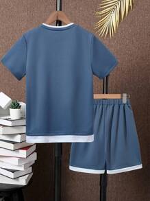 SHEIN Tween Boy Letter Patched Detail 2 In 1 Tee & Shorts
