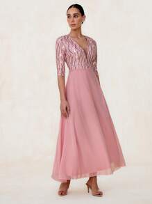 SHEIN Belle 撞色亮片开叉雪纺伴娘礼服优雅正式晚会舞会婚礼宾客礼服，适合毕业典礼、晚宴或节日派对服装 - 粉色 - 查看 1