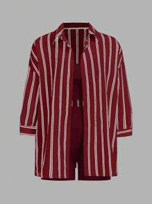 SHEIN Essnce 女士三件套：休闲轻便运动背心、性感健身紧身短裤和纽扣衬衫、女士户外/运动/旅行套装、女士两件套服装、夏季套装 - 酒紅色 - 查看 3