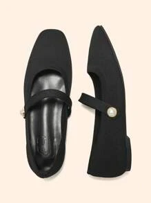 CUCCOO BASICS Fashionable Fabric Comfortable Breathable Faux Pearl Decor Mary Jane Flat Shoes For Commute, Date, Party, And Casual Wear For Christmas Spring Shoes - Black - View 5