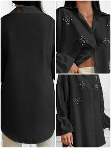 Cotton Pearls Beaded Knot Cuff Drop Shoulder Shirt