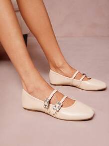 SHUZIA Women's Elegant Faux Leather Square Toe ,Rhinestone Square Buckle Mary Jane Flats Square Toe Mary Jane Flats Mother's Day Present - Beige - View 4