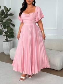SHEIN Clasi Plus Size Square Neck, Ruffle Trim, Puff Sleeve, Pleated A-Line Dress, Elegant Vintage Style For Spring/Summer Vacation, Wedding, Party, Bridesmaid - Pink - View 6