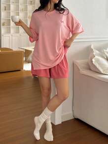 DAZY Bow Printed Minimalist Knit Matching T-Shirt And Shorts Women's Home Wear Set Pajama - Pink - View 6