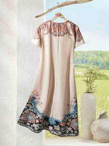 EMERY ROSE Vestido con cuello en V y manga corta con estampado floral, para usar de vacaciones - Albaricoque - Ver 2