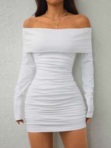 SHEIN Tall Lapel One-Shoulder Pleated Slimming Hip-Hugging Women's Dress Party Banquet Date Light Dress