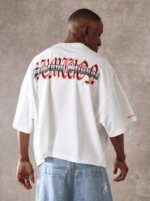 SUMWON Oversized Gothic Street Style T-Shirt Graffiti Back Print Urban Fashion Festival Wear Varsity Script Design Boxy Fit Summer Streetwear Casual Relaxed Top - White - View 1