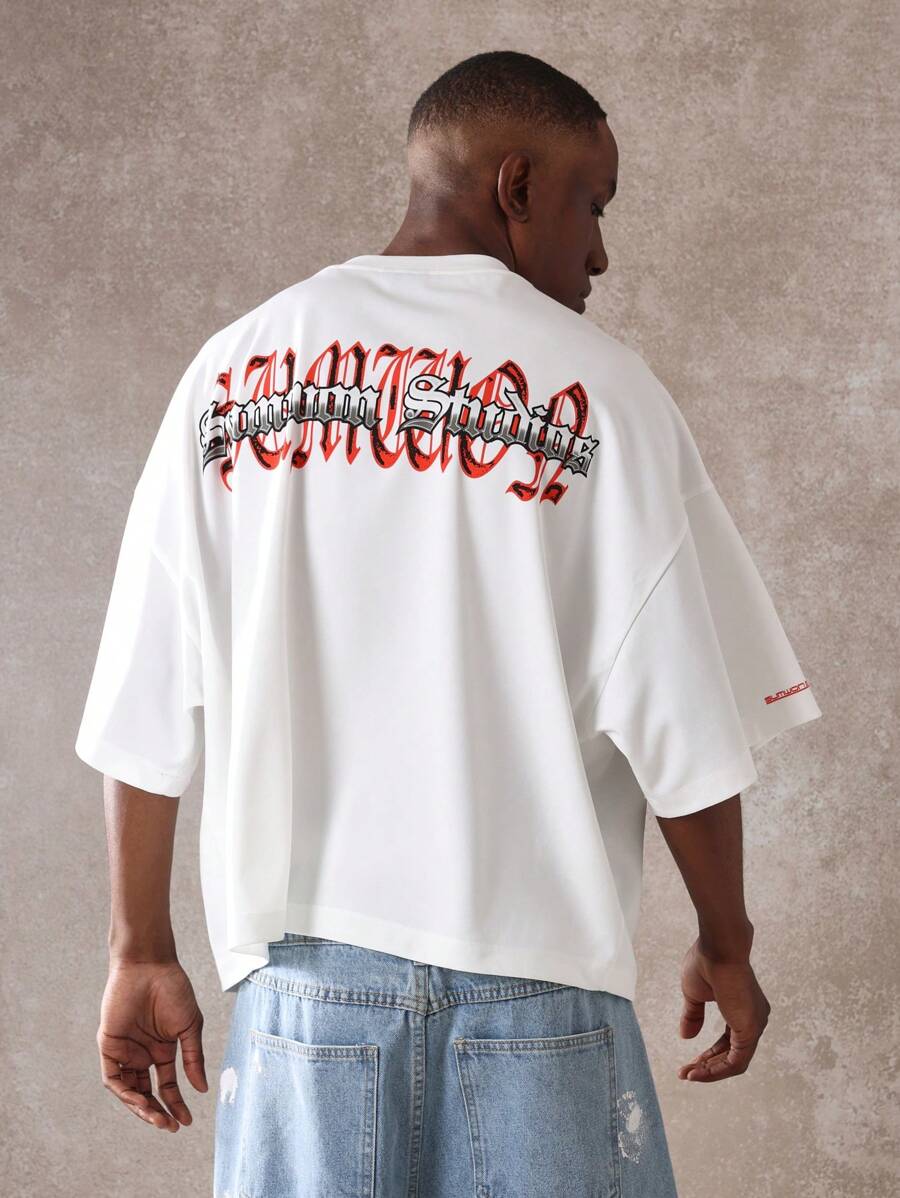 SUMWON Oversized Gothic Street Style T-Shirt Graffiti Back Print Urban Fashion Festival Wear Varsity Script Design Boxy Fit Summer Streetwear Casual Relaxed Top - White - View 1